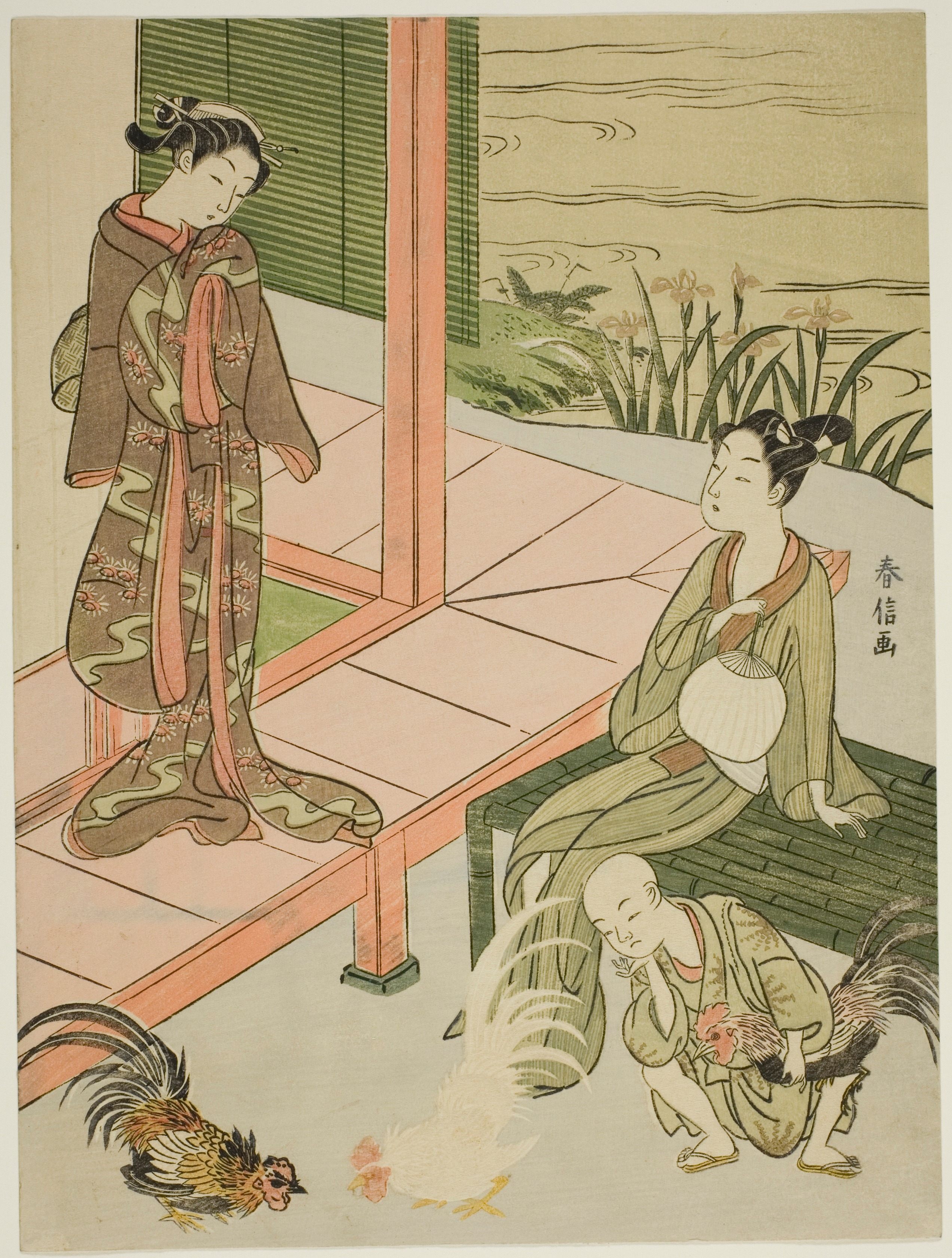 在廊边观看斗鸡