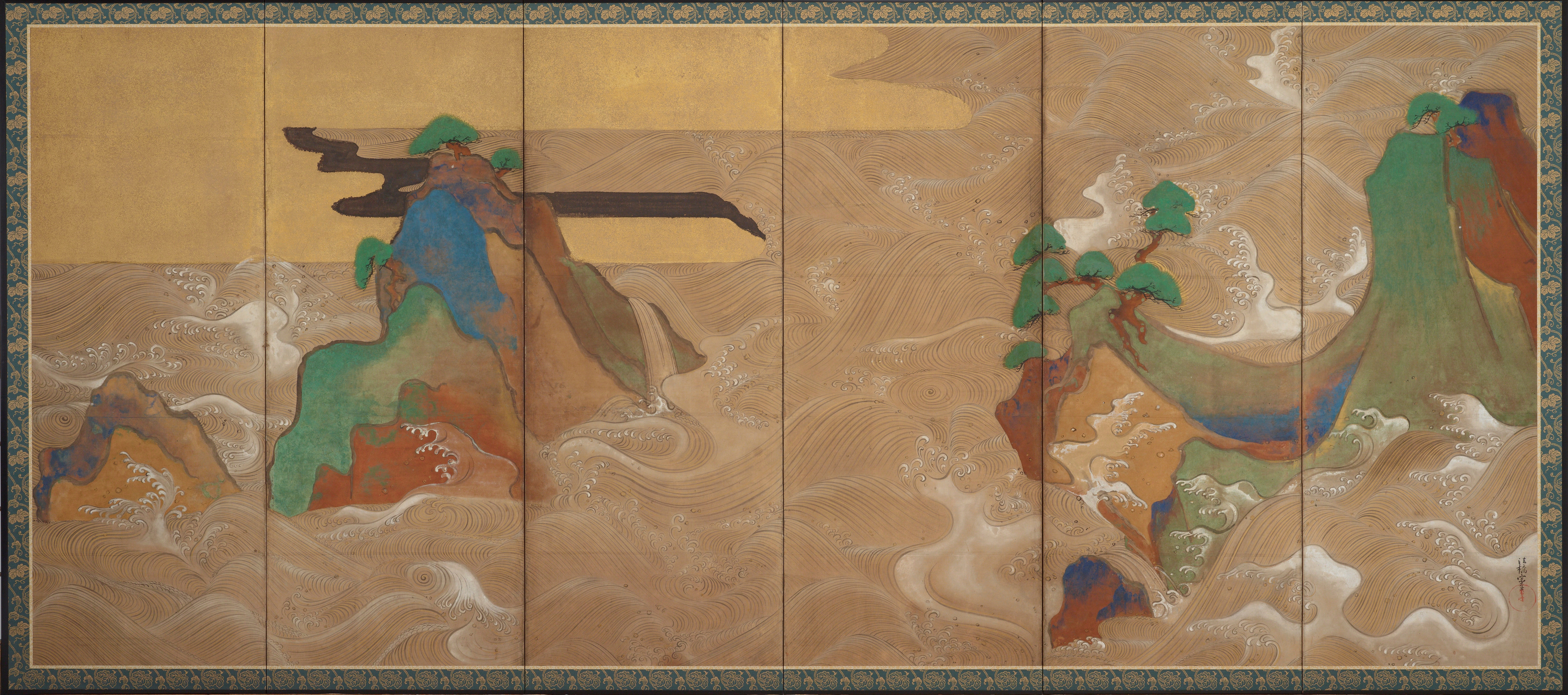 纸本金地设色六折屏风